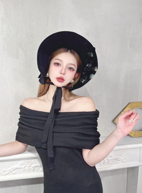 CREAMPP 独立设计澳毛呢lolita法式优雅复古玫瑰女郎系绳大檐礼帽