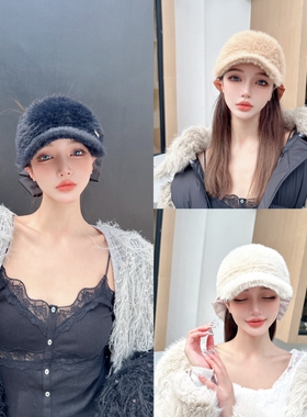 NIUYANG 原创秋冬百搭柔软后蝴蝶结鸭舌帽加厚仿皮草简约空顶帽