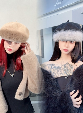 CREAMPP 设计师轻奢潮蓬松狐狸毛人字呢宽檐加厚羊毛呢优雅贝雷帽