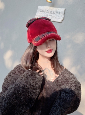 NIUYANG 设计师粗呢格纹撞色拼毛绒棒球帽加厚高颅顶蝴蝶结鸭舌帽