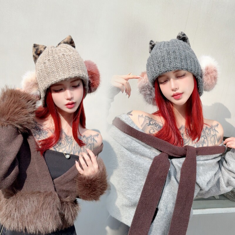 CREAMPP 原创小野猫豹纹蝴蝶结可拆卸毛绒耳罩针织盘花护耳雷锋帽