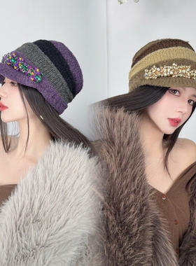 NIUYANG 原创复古撞色时髦复古双层羊毛混纺针织堆堆帽钻饰鸭舌帽