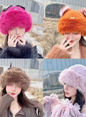 CREAMPP 秋冬设计师款热情芭比火龙果色皮毛一体大蝴蝶结皮草盆帽