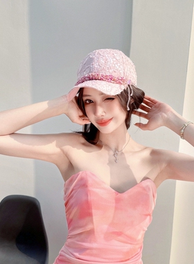 NIUYANG 原创时髦甜美芭比亮片薄网纱高颅顶棒球帽串珠流苏鸭舌帽