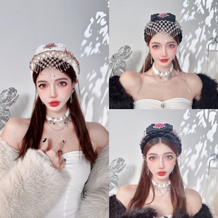 CREAMPP 原创巴洛克小众异国风情前额网钻帘天鹅绒编织头饰宽发箍