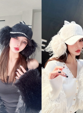 NIUYANG 设计师秋冬仿皮草耳罩短绒棒球帽二合一高颅顶时髦鸭舌帽