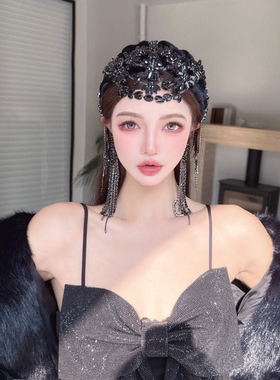 CREAMPP 高奢女王手工夹钻前额吊坠欧式气场复古发饰宽版编织发箍