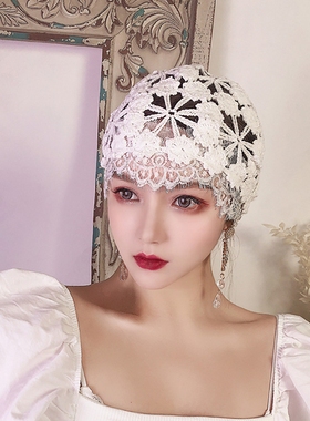 「集美精选」复古优雅蕾丝拼接镂空花朵四季百搭遮白发手钩包头帽