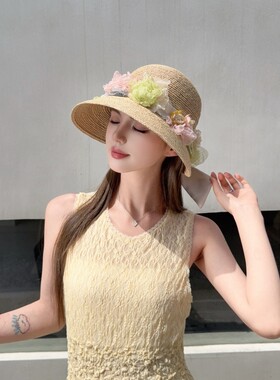 CREAMPP 原创春夏森系淑女阔檐拉菲草遮阳帽飘带烧边花环燕尾盆帽