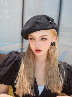 CREAMPP 春夏百搭文艺透气柔软棉麻蓬松画家帽侧褶皱钉珠贝雷帽