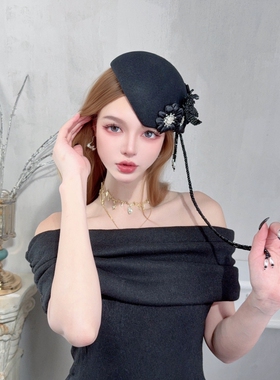 CREAMPP 设计师精美小众复古法式名媛立体珠花流苏水滴澳毛呢礼帽