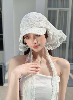 CREAMPP 原创蕾丝帽薄肌理亮片棉质棒球帽头巾复古透气夏款鸭舌帽