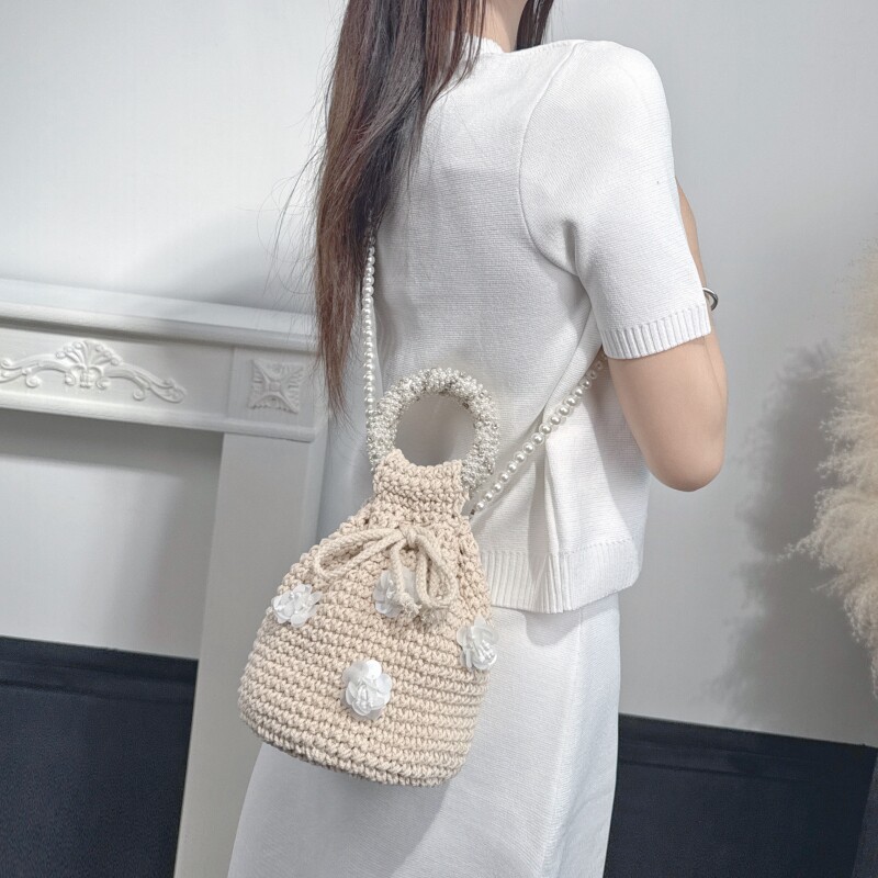 CREAMPP 原创纯手工钩针清新珍珠环形手提包亮片花淑女斜挎水桶包