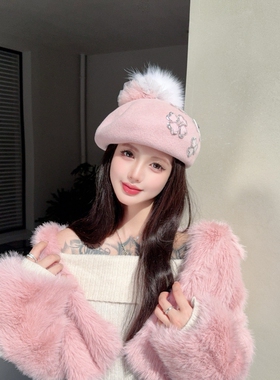 CREAMPP 原创唯美四叶草钉珠花狐狸毛蕾丝花球羊毛蓬松淑女贝雷帽