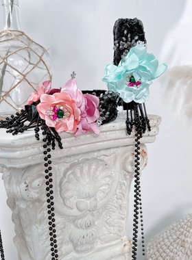 CREAMPP 清新甜美亮片耳边花饰长流苏度假法式古典优雅高颅顶发箍