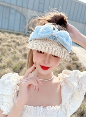 「集美精选」春夏甜美治愈蓝色泡泡褶皱蝴蝶结蕾丝边拉菲草空顶帽