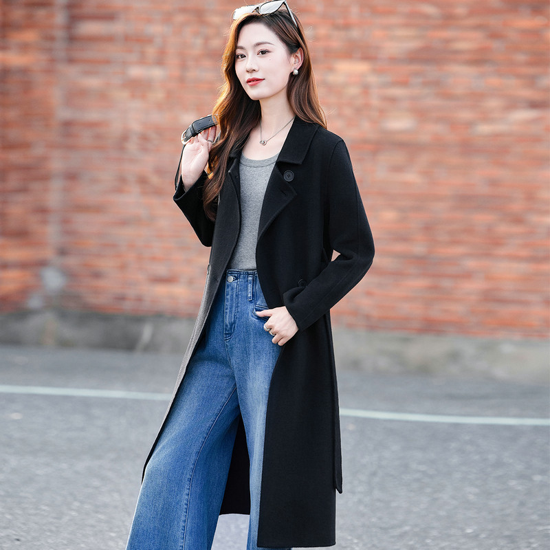 双面羊绒大衣秋冬2025新款双排扣修身中长款女士时尚毛呢大衣女装