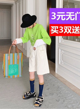 vc同款袜子女橙橘黄色拼接小腿袜网红蓝色后跟花堆堆袜配凉鞋袜潮