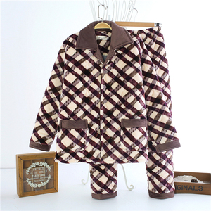 男士睡衣冬季法兰绒夹棉睡衣加厚加绒中年大码家居服套装冬款特价