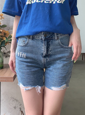 夏季女款 KITH联名限定款重水洗刺绣毛边做旧修身牛仔短裤骑行裤