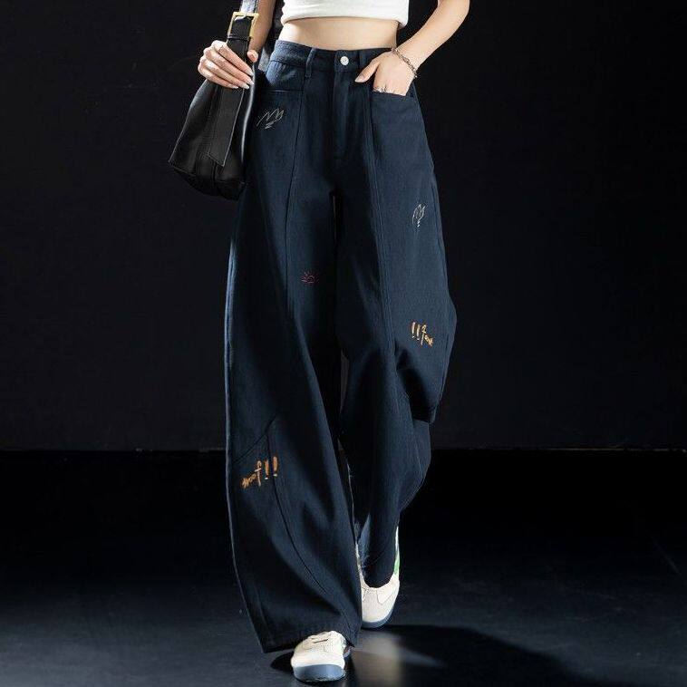 藏蓝色美式弯刀裤休闲牛仔裤女款牛仔裤