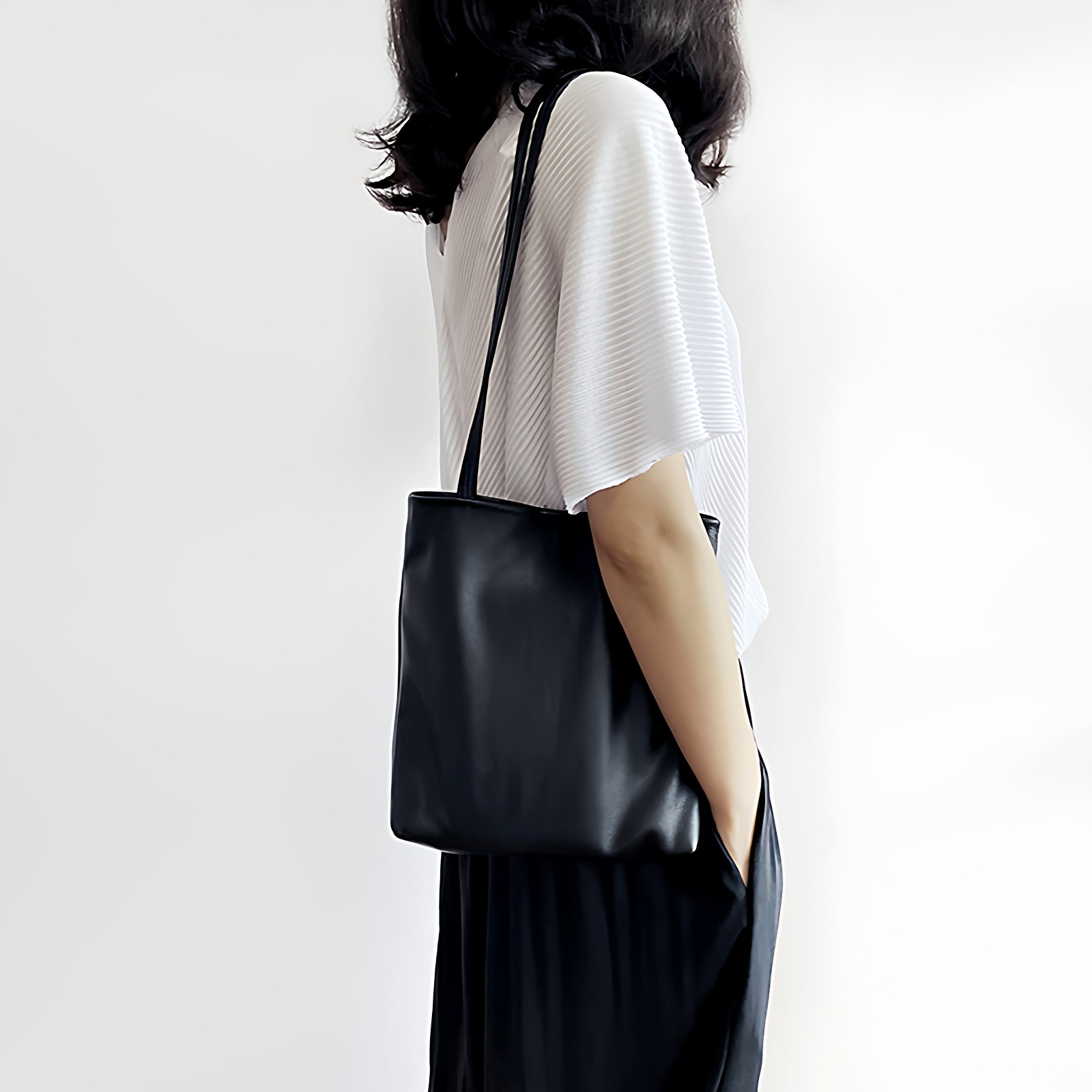 原创文艺简约头层牛皮小托特包日系无印纯色软糯真皮女单肩包