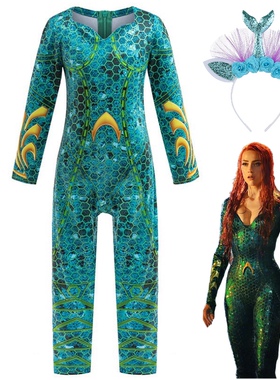 儿童cosplay服装 DC 正义联盟女童cos海后湄拉Mera英雄连体紧身衣