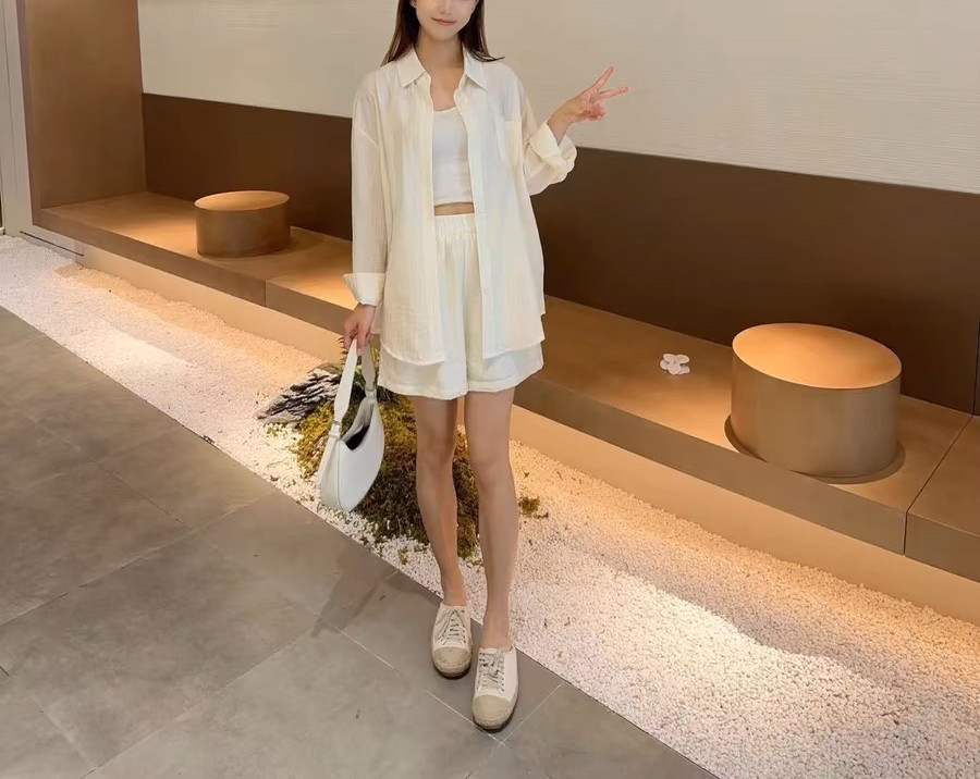 特2024夏翻领长袖淑女衬衫上衣防晒外套+松紧腰短裤两件套装多色
