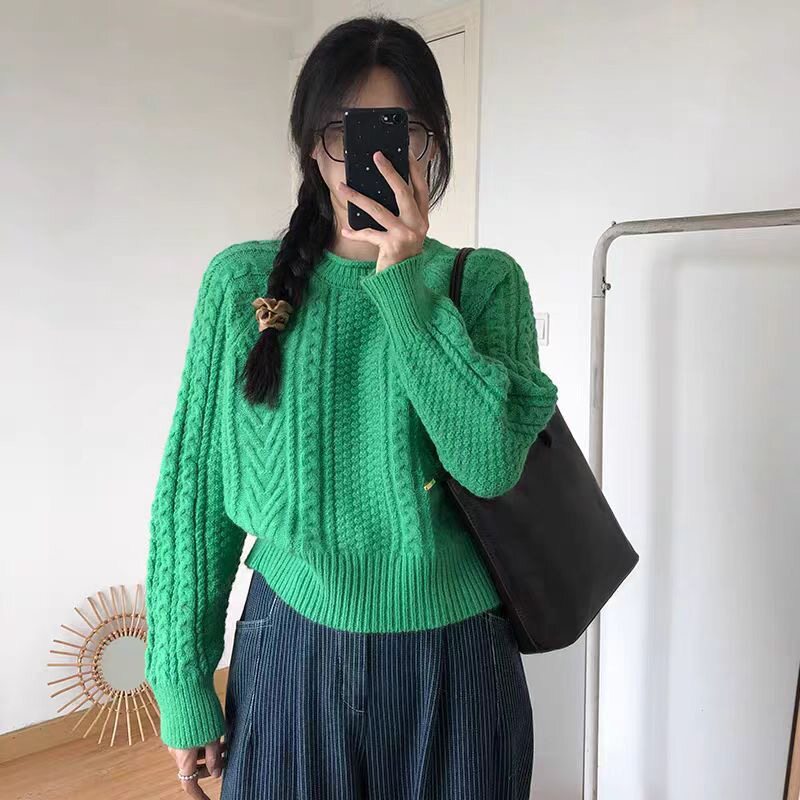 2026新款休闲简约圆领长袖打底毛衣针织衫麻花套头保暖