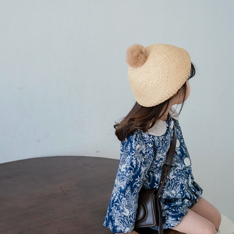 韩国ins春夏新品 儿童甜美可爱毛球蘑菇帽 日常搭配手工编织草帽