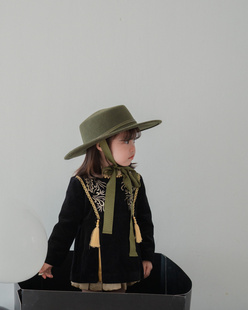 韩国秋冬新品 儿童军绿色时尚百搭平顶羊毛毡帽 女宝绑带毛呢礼帽