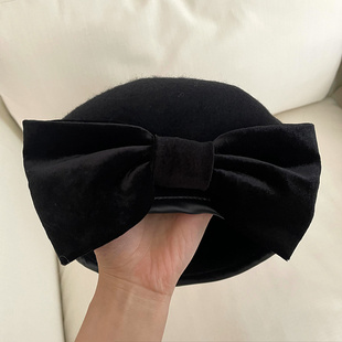 韩代款 儿童天鹅绒大蝴蝶结 甜美风显脸小黑色羊毛蘑菇帽贝雷帽