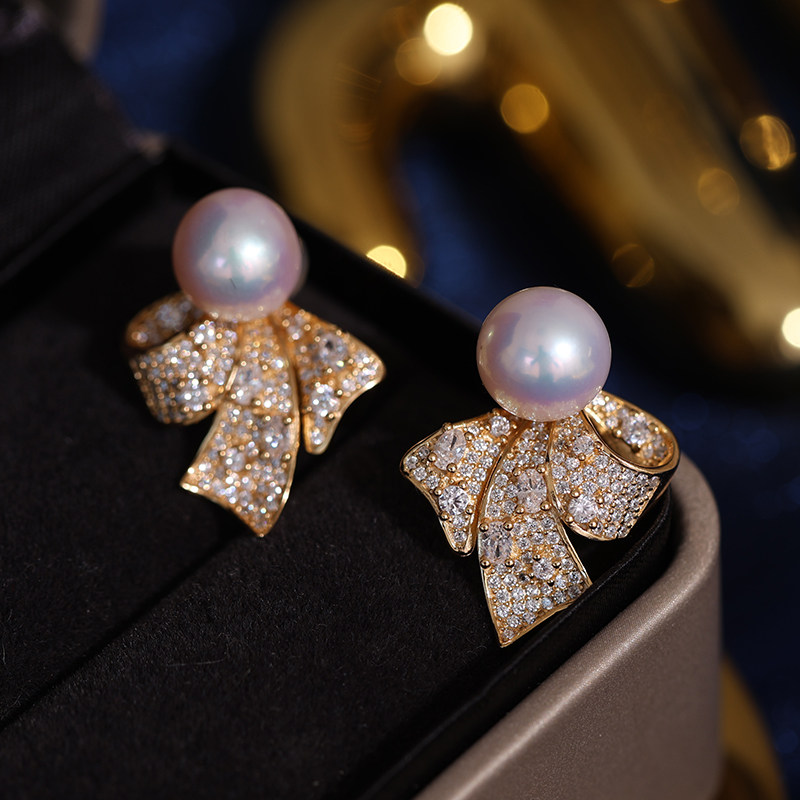 DIY珍珠配件s925纯银微镶分拆式二用蝴蝶结耳钉耳饰空托配饰品