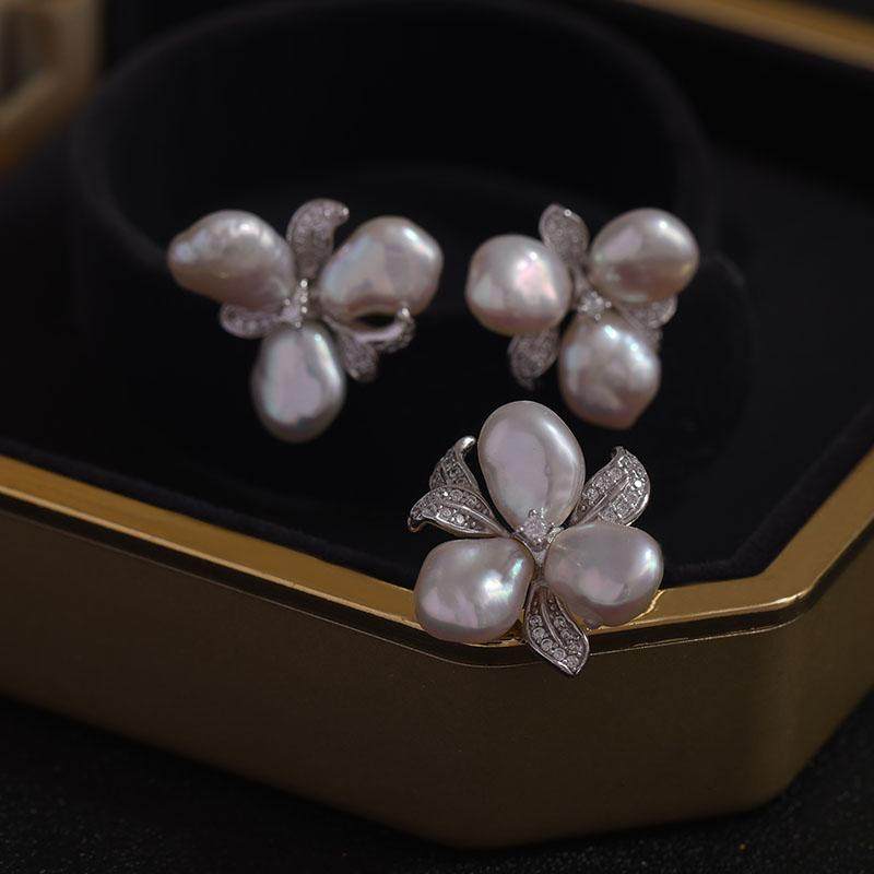 三叶花朵戒指托耳钉套装s925纯银