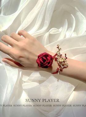 伴娘手花结婚新娘手腕花姐妹团手环花中式高级大红色婚礼简约唯美