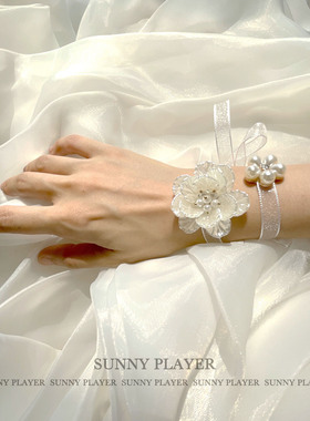 伴娘手腕花 结婚新娘姐妹团韩式小清新ins风珍珠白色超仙丝带手花