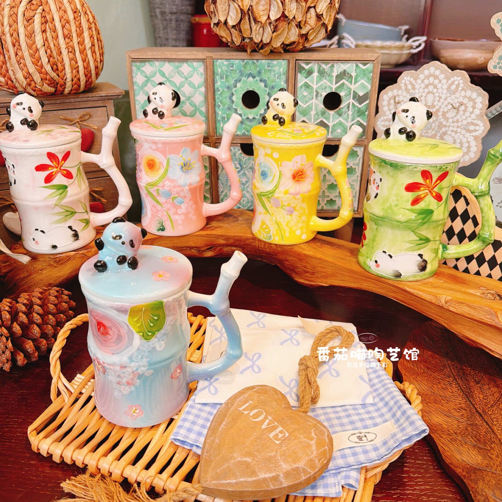 濑户烧手绘釉下彩陶瓷杯马克杯熊猫吸管杯水杯牛奶杯竹杯带盖创意