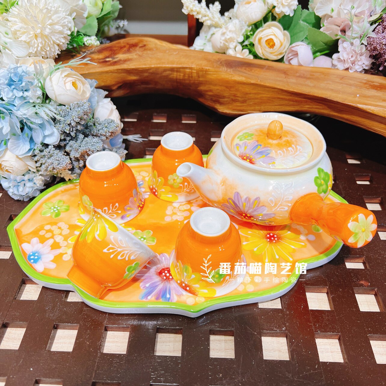 现货新品濑户烧陶瓷釉下彩茶壶套装马克杯托盘手绘一壶四杯托盘