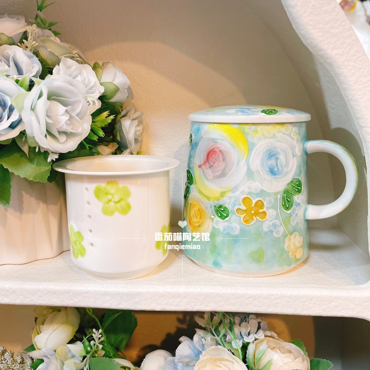 濑户烧新款茶漏杯带盖5寸高脚碗满花系列水杯果汁茶杯陶瓷釉下彩