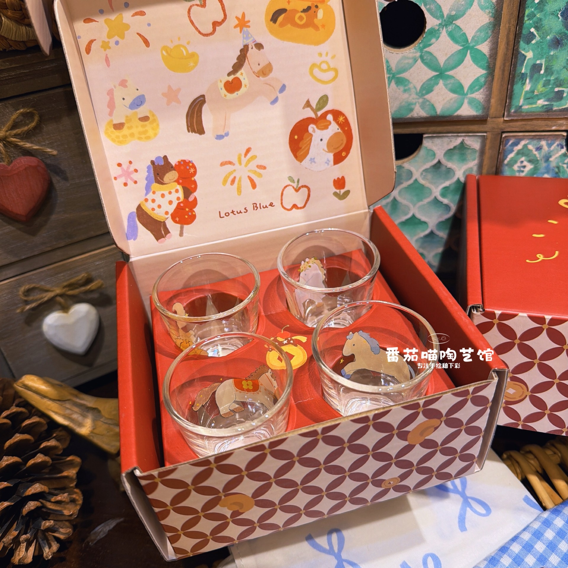 番茄喵贴花马年清酒杯套装日式品茗小茶杯迷你烧酒白酒杯玻璃杯,餐饮具,清酒杯,淘宝优惠券,粉丝福利购,淘宝优惠卷