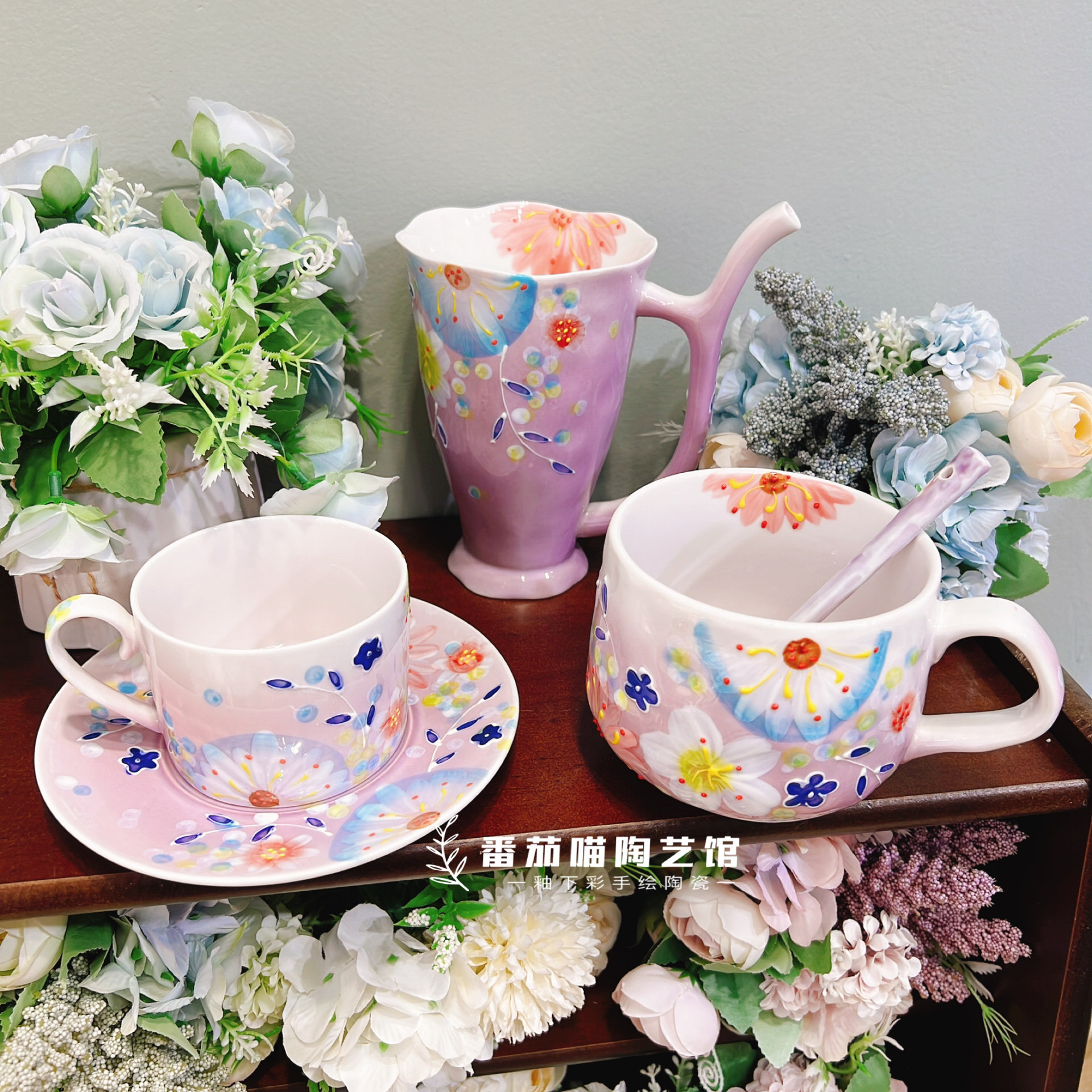 F07濑户烧杯勺米饭碗8寸荷口盘陶瓷釉下彩餐具饭盘斗笠碗大肚杯勺