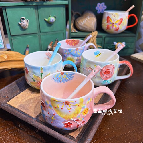 F97濑户烧新款马克杯水杯陶瓷杯子果汁早餐杯大容量杯勺家用餐具