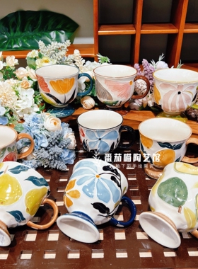 F05濑户烧水杯马克杯多色果汁杯陶瓷杯礼物礼品杯釉下彩石头杯勺