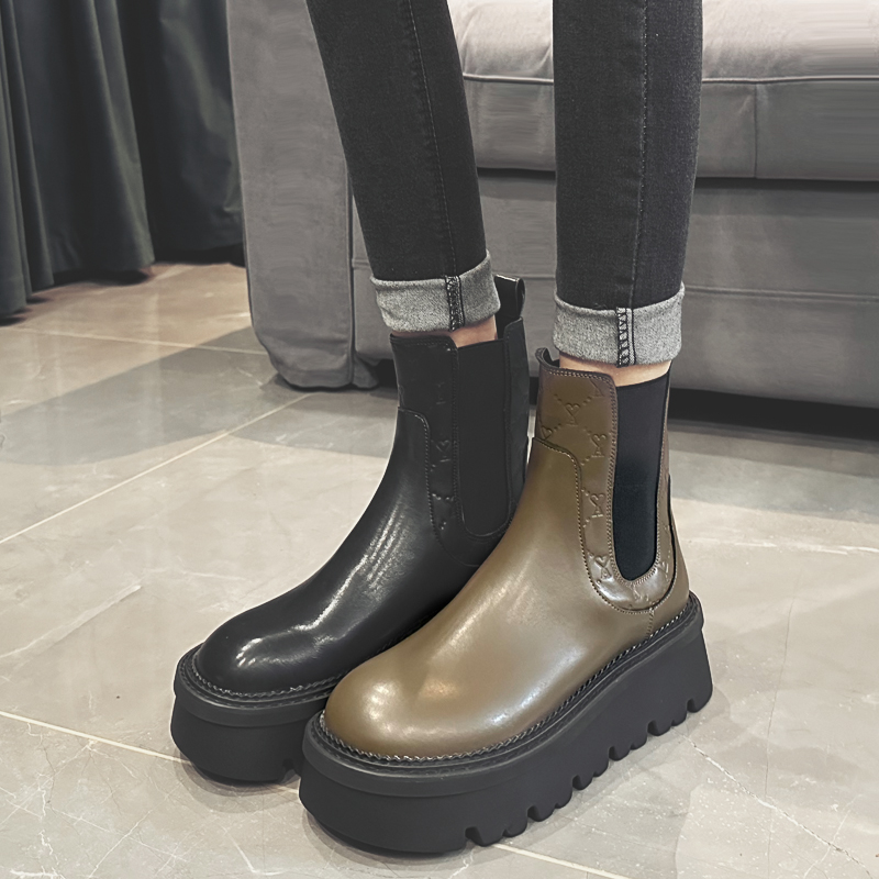 压花松糕厚底烟筒靴真皮潮靴