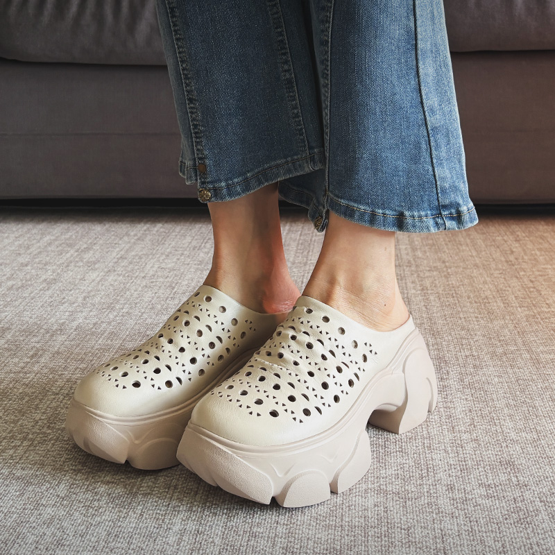 软牛皮7cm增高厚底包头透气凉拖