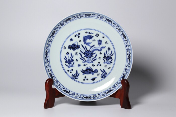 一峯窑 青花鱼藻纹 商盘 16.5cm 直径