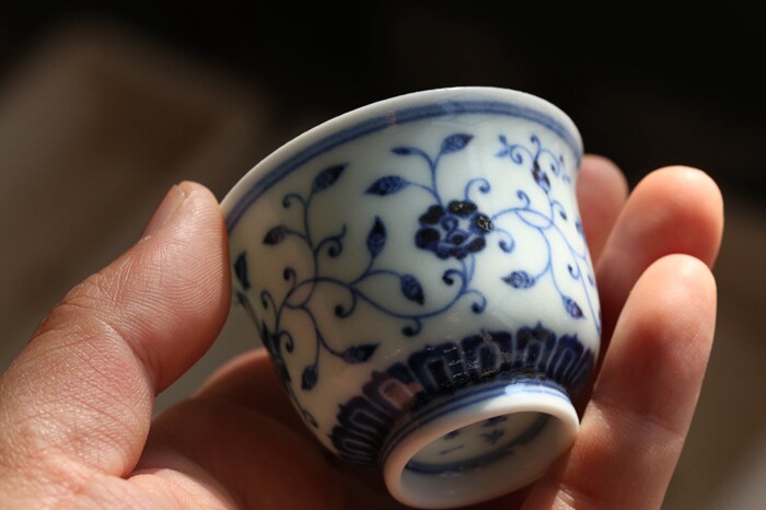 景德镇 青花瓷 一峯窑 缠枝莲小铃铛杯 5.6*4.2CM高