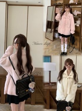 NIAOER超柔少女风大蝴蝶结仿水貂毛粉白色宽松毛衣开衫