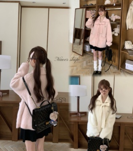 NIAOER超柔少女风大蝴蝶结仿水貂毛粉白色宽松毛衣开衫