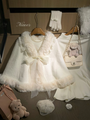 NIAOER雪白精致千金风斗篷女款秋冬保暖加厚毛绒披风外套
